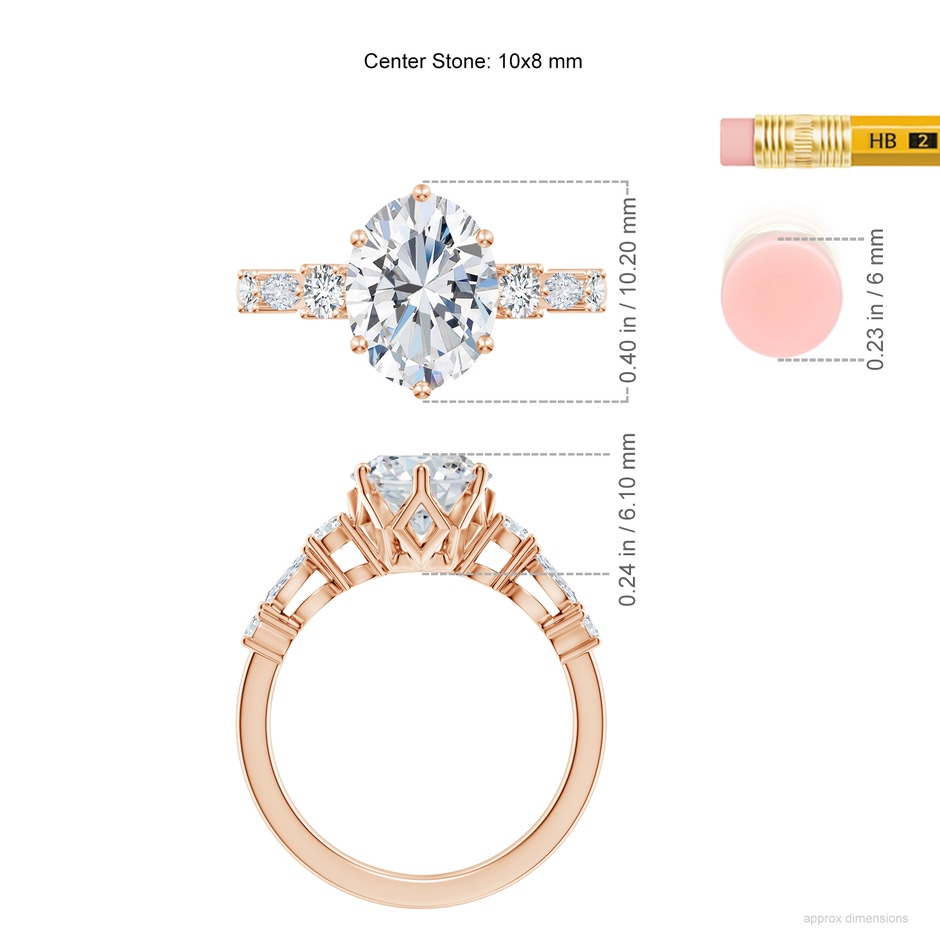 10x8mm FGVS Lab-Grown Classic Oval Diamond Side Stone Engagement Ring in Rose Gold ruler