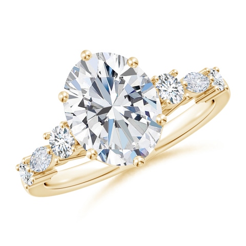 10x8mm FGVS Lab-Grown Classic Oval Diamond Side Stone Engagement Ring in Yellow Gold