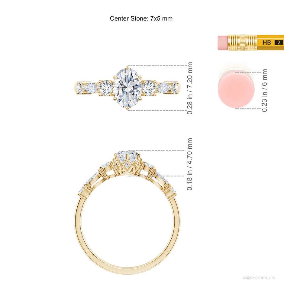 7x5mm FGVS Lab-Grown Classic Oval Diamond Side Stone Engagement Ring in Yellow Gold ruler