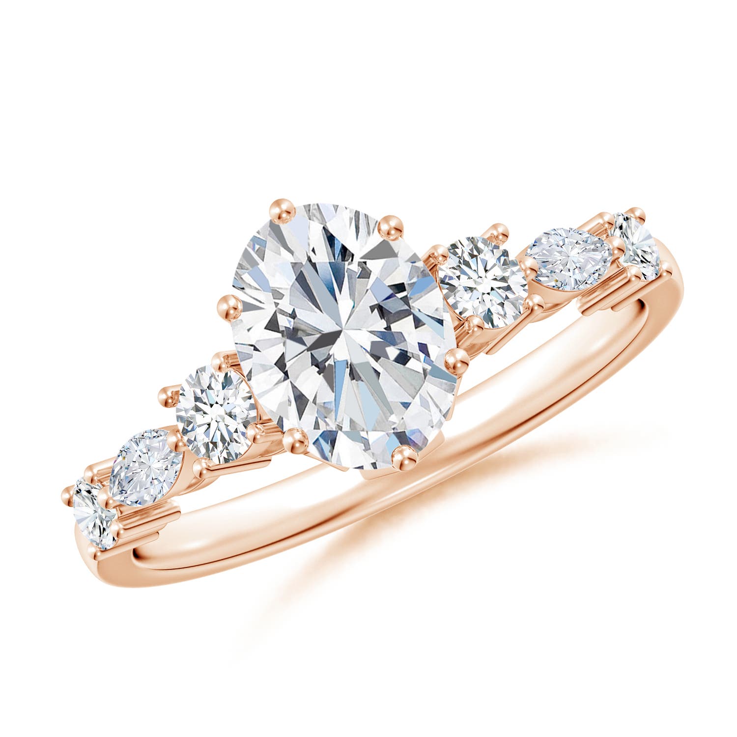 8x6mm FGVS Lab-Grown Classic Oval Diamond Side Stone Engagement Ring in Rose Gold