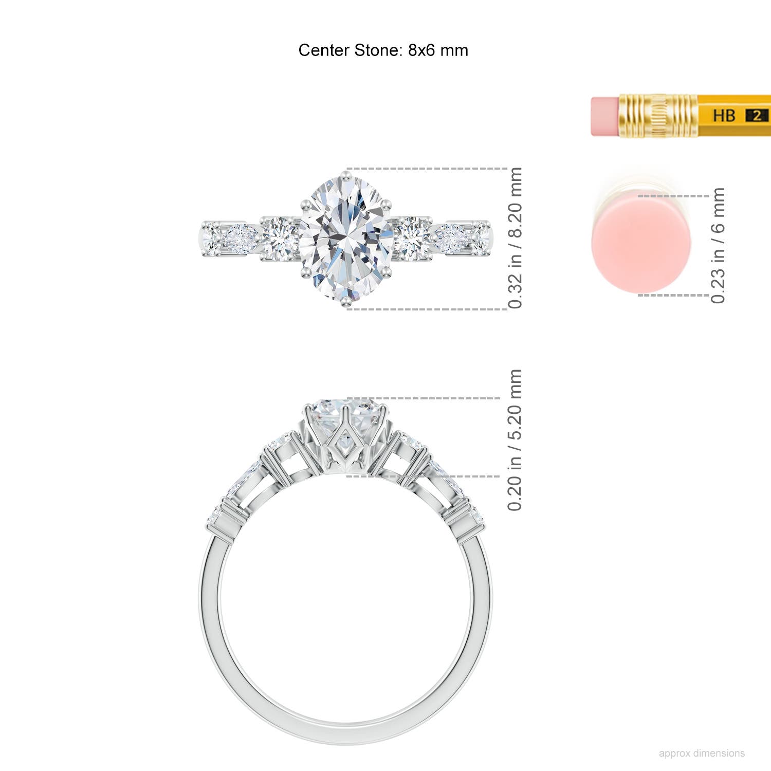 8x6mm FGVS Lab-Grown Classic Oval Diamond Side Stone Engagement Ring in White Gold - ruler