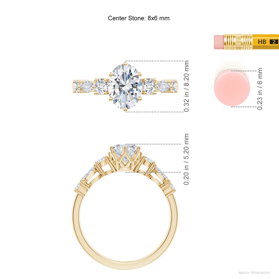 8x6mm FGVS Lab-Grown Classic Oval Diamond Side Stone Engagement Ring in Yellow Gold ruler