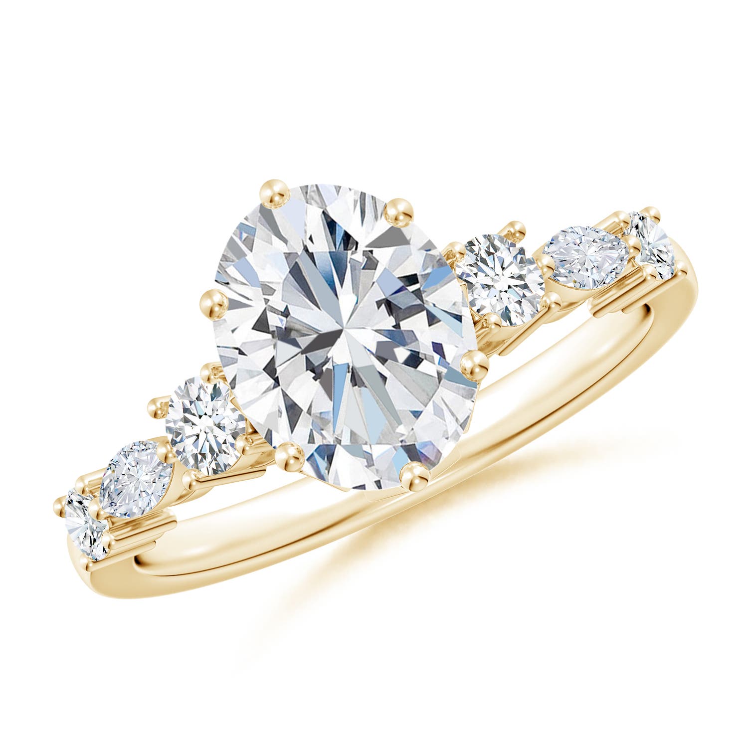 9x7mm FGVS Lab-Grown Classic Oval Diamond Side Stone Engagement Ring in Yellow Gold