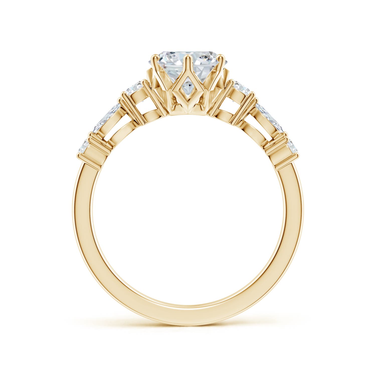 9x7mm FGVS Lab-Grown Classic Oval Diamond Side Stone Engagement Ring in Yellow Gold
