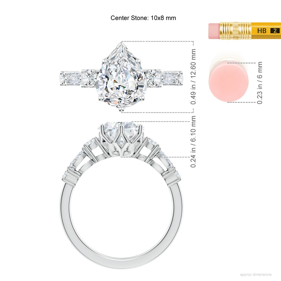 10x8mm FGVS Lab-Grown Classic Pear Diamond Side Stone Engagement Ring in 18K White Gold ruler