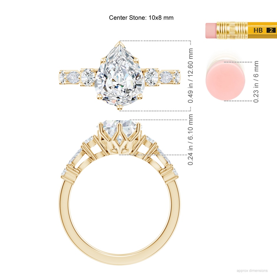 10x8mm FGVS Lab-Grown Classic Pear Diamond Side Stone Engagement Ring in 18K Yellow Gold ruler