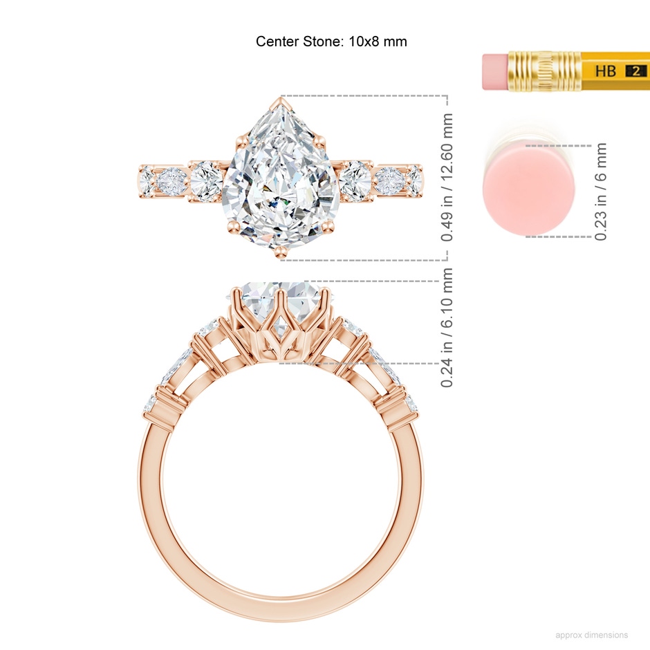 10x8mm FGVS Lab-Grown Classic Pear Diamond Side Stone Engagement Ring in Rose Gold ruler