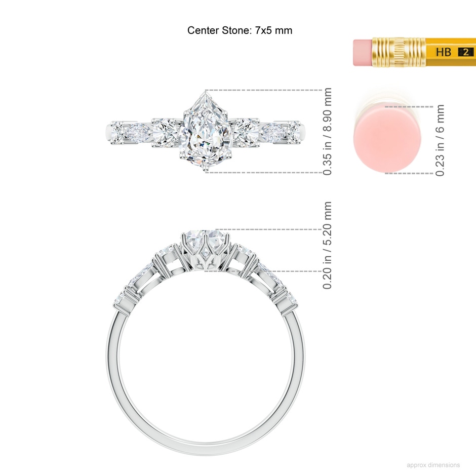 7x5mm FGVS Lab-Grown Classic Pear Diamond Side Stone Engagement Ring in P950 Platinum ruler