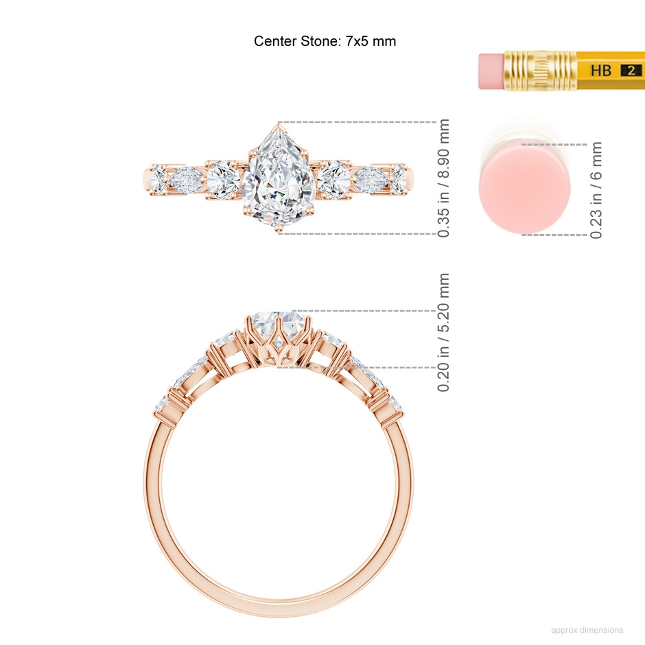 7x5mm FGVS Lab-Grown Classic Pear Diamond Side Stone Engagement Ring in Rose Gold ruler