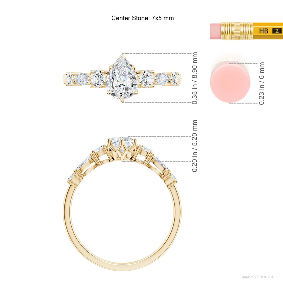 7x5mm FGVS Lab-Grown Classic Pear Diamond Side Stone Engagement Ring in Yellow Gold ruler