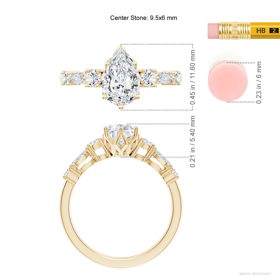 9.5x6mm FGVS Lab-Grown Classic Pear Diamond Side Stone Engagement Ring in Yellow Gold ruler