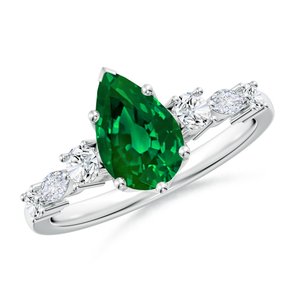 9x7mm Labgrown Lab-Grown Classic Pear Emerald Side Stone Engagement Ring in White Gold