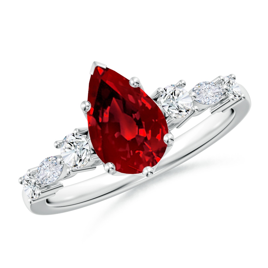 9x7mm Labgrown Lab-Grown Classic Pear Ruby Side Stone Engagement Ring in 18K White Gold 