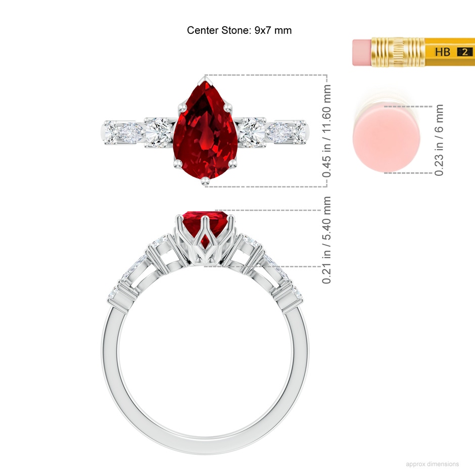 9x7mm Labgrown Lab-Grown Classic Pear Ruby Side Stone Engagement Ring in 18K White Gold ruler