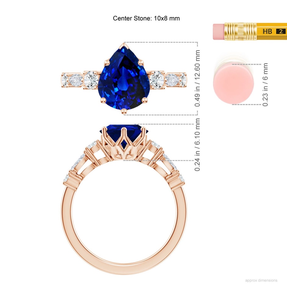10x8mm Labgrown Lab-Grown Classic Pear Blue Sapphire Side Stone Engagement Ring in 18K Rose Gold ruler