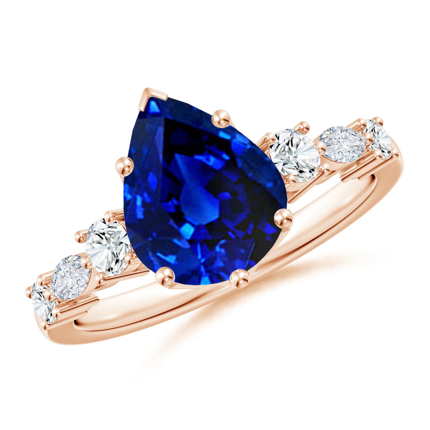 10x8mm Labgrown Lab-Grown Classic Pear Blue Sapphire Side Stone Engagement Ring in Rose Gold