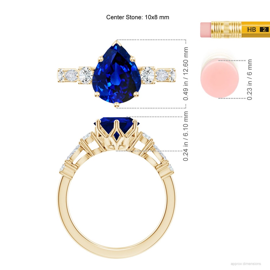 10x8mm Labgrown Lab-Grown Classic Pear Blue Sapphire Side Stone Engagement Ring in Yellow Gold ruler