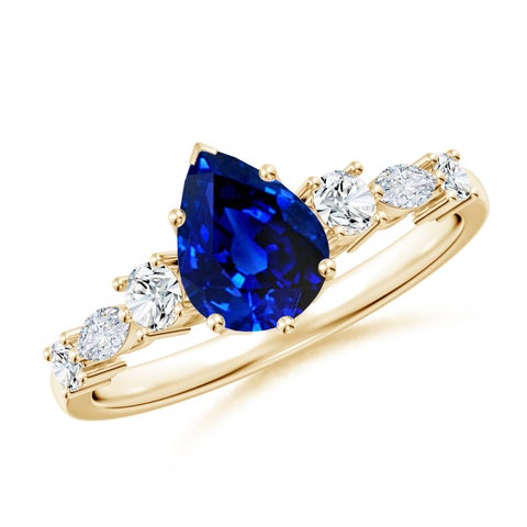 8x6mm Labgrown Lab-Grown Classic Pear Blue Sapphire Side Stone Engagement Ring in Yellow Gold