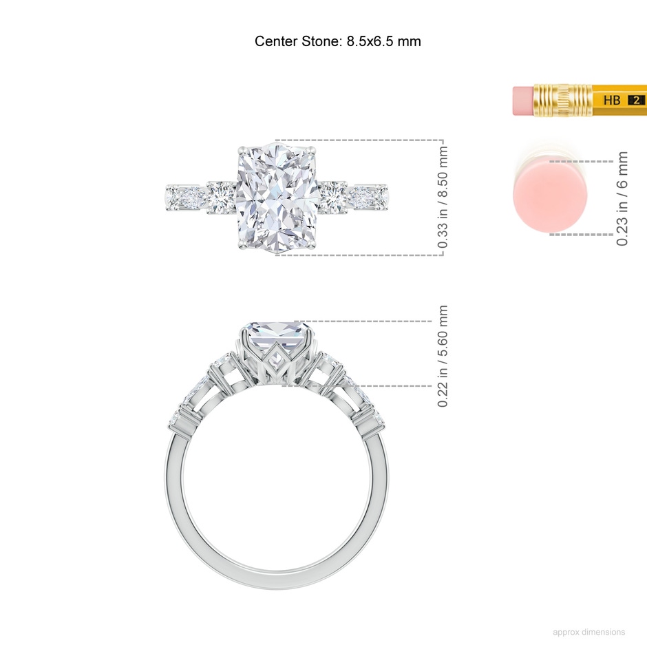 8.5x6.5mm FGVS Lab-Grown Classic Cushion Rectangular Diamond Side Stone Engagement Ring in White Gold ruler