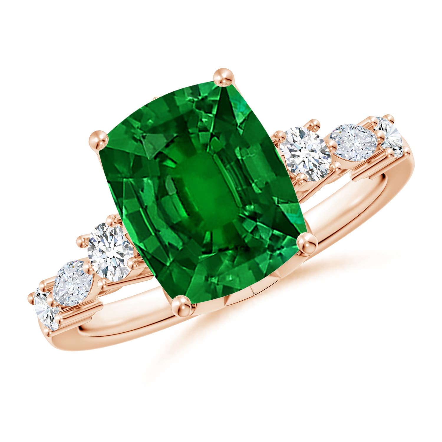 10x8mm Labgrown Lab-Grown Classic Cushion Rectangular Emerald Side Stone Engagement Ring in 18K Rose Gold