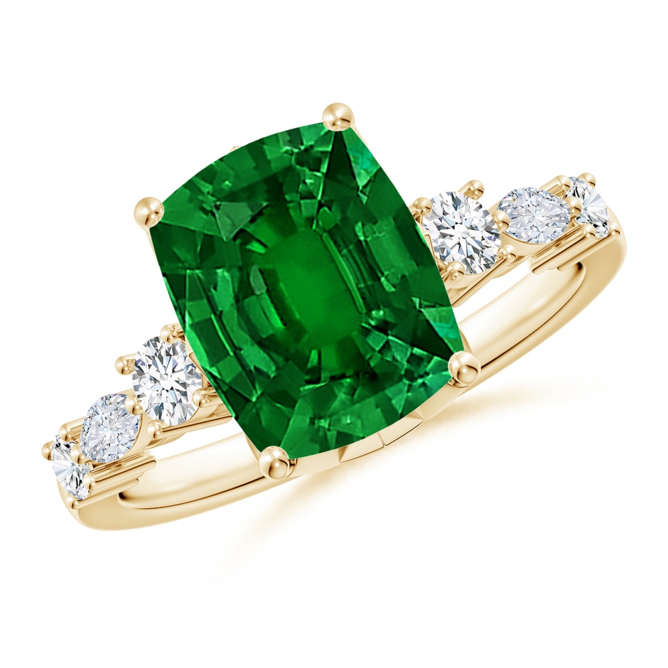 10x8mm Labgrown Lab-Grown Classic Cushion Rectangular Emerald Side Stone Engagement Ring in 18K Yellow Gold 