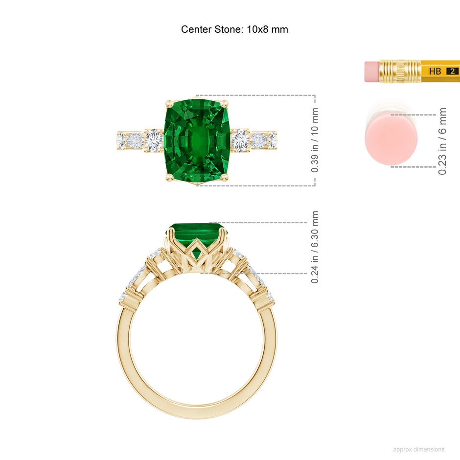 10x8mm Labgrown Lab-Grown Classic Cushion Rectangular Emerald Side Stone Engagement Ring in 18K Yellow Gold ruler