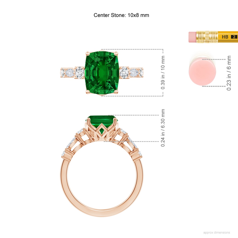 10x8mm Labgrown Lab-Grown Classic Cushion Rectangular Emerald Side Stone Engagement Ring in Rose Gold ruler