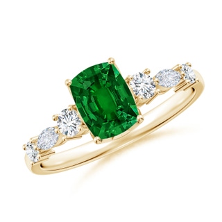 7x5mm Labgrown Lab-Grown Classic Cushion Rectangular Emerald Side Stone Engagement Ring in Yellow Gold