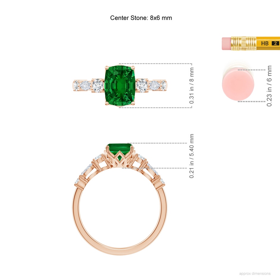 8x6mm Labgrown Lab-Grown Classic Cushion Rectangular Emerald Side Stone Engagement Ring in Rose Gold ruler