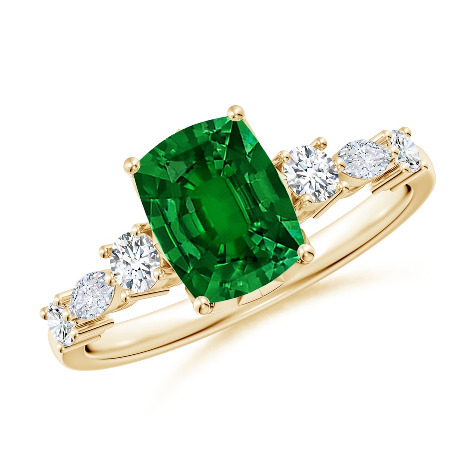 8x6mm Labgrown Lab-Grown Classic Cushion Rectangular Emerald Side Stone Engagement Ring in Yellow Gold 