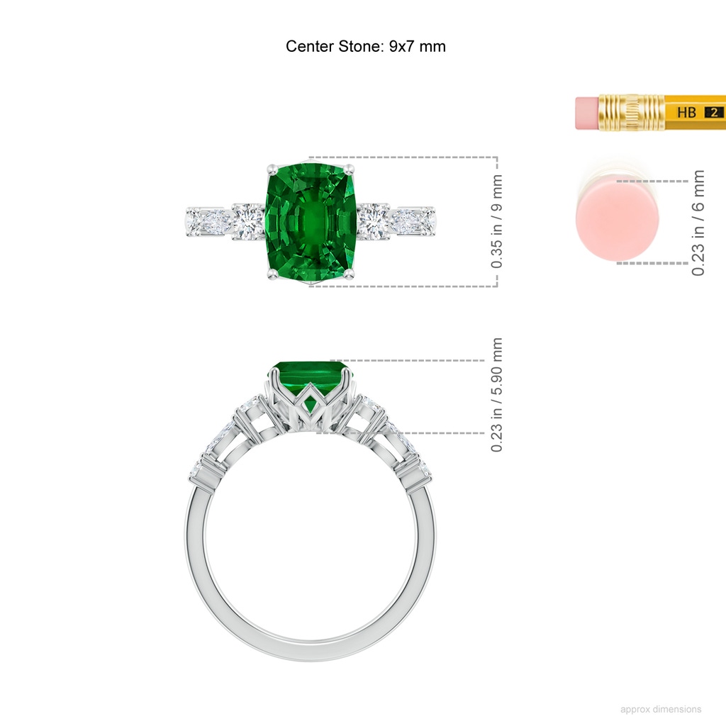 9x7mm Labgrown Lab-Grown Classic Cushion Rectangular Emerald Side Stone Engagement Ring in White Gold ruler