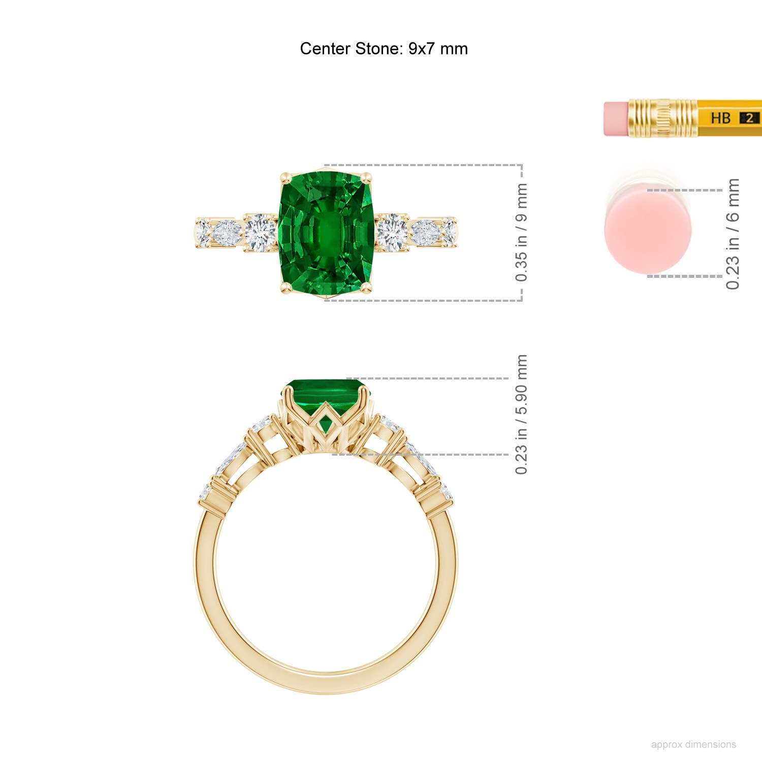 9x7mm Labgrown Lab-Grown Classic Cushion Rectangular Emerald Side Stone Engagement Ring in Yellow Gold - ruler