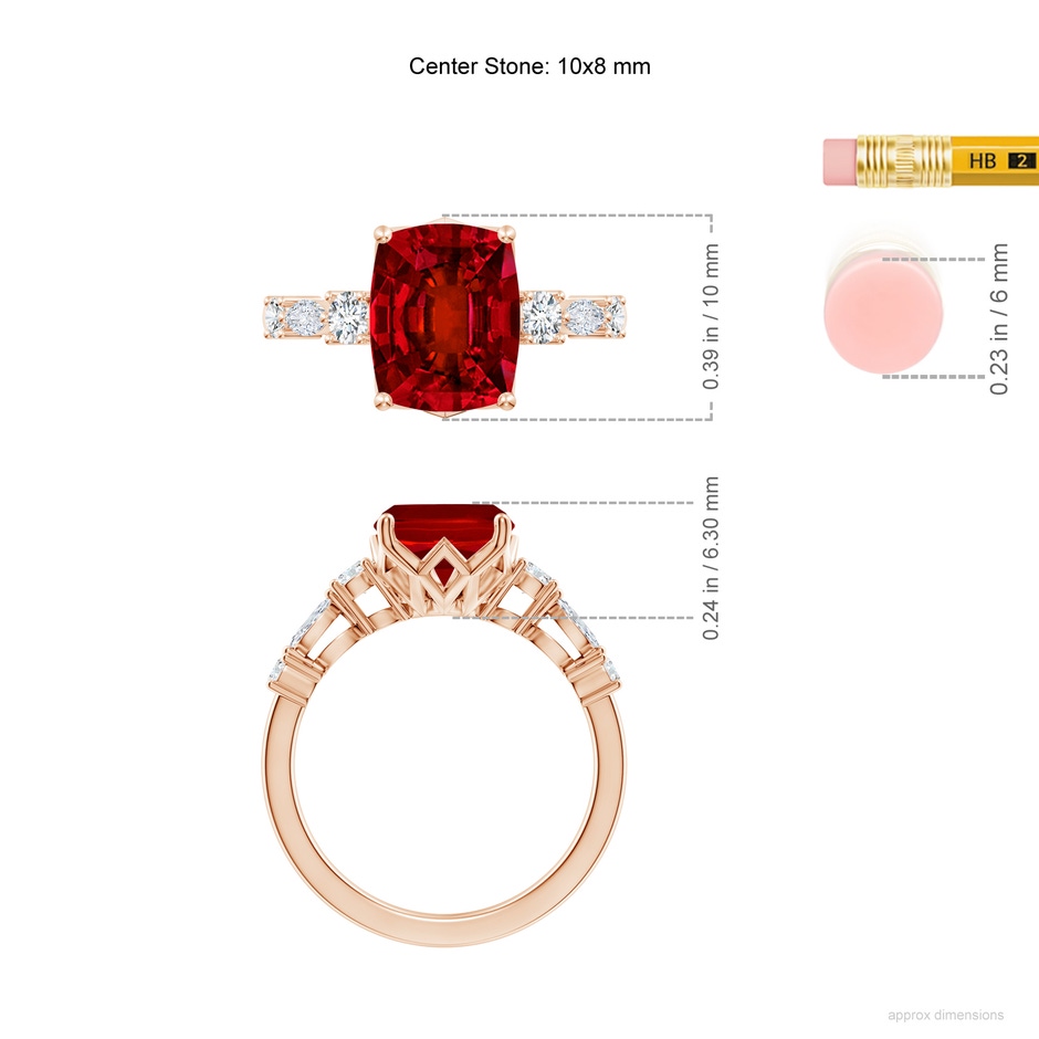 10x8mm Labgrown Lab-Grown Classic Cushion Rectangular Ruby Side Stone Engagement Ring in 18K Rose Gold ruler