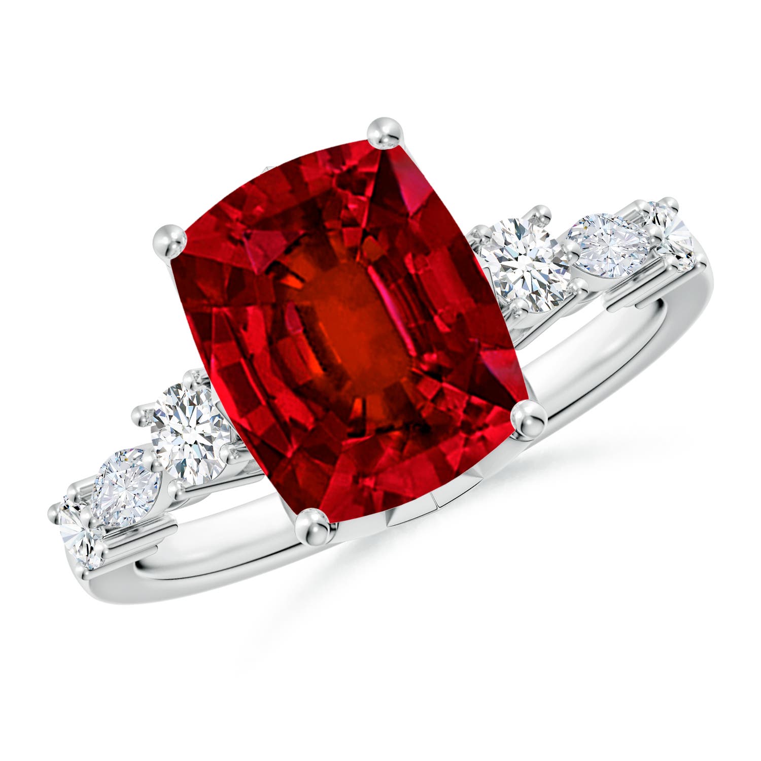 10x8mm Labgrown Lab-Grown Classic Cushion Rectangular Ruby Side Stone Engagement Ring in 18K White Gold