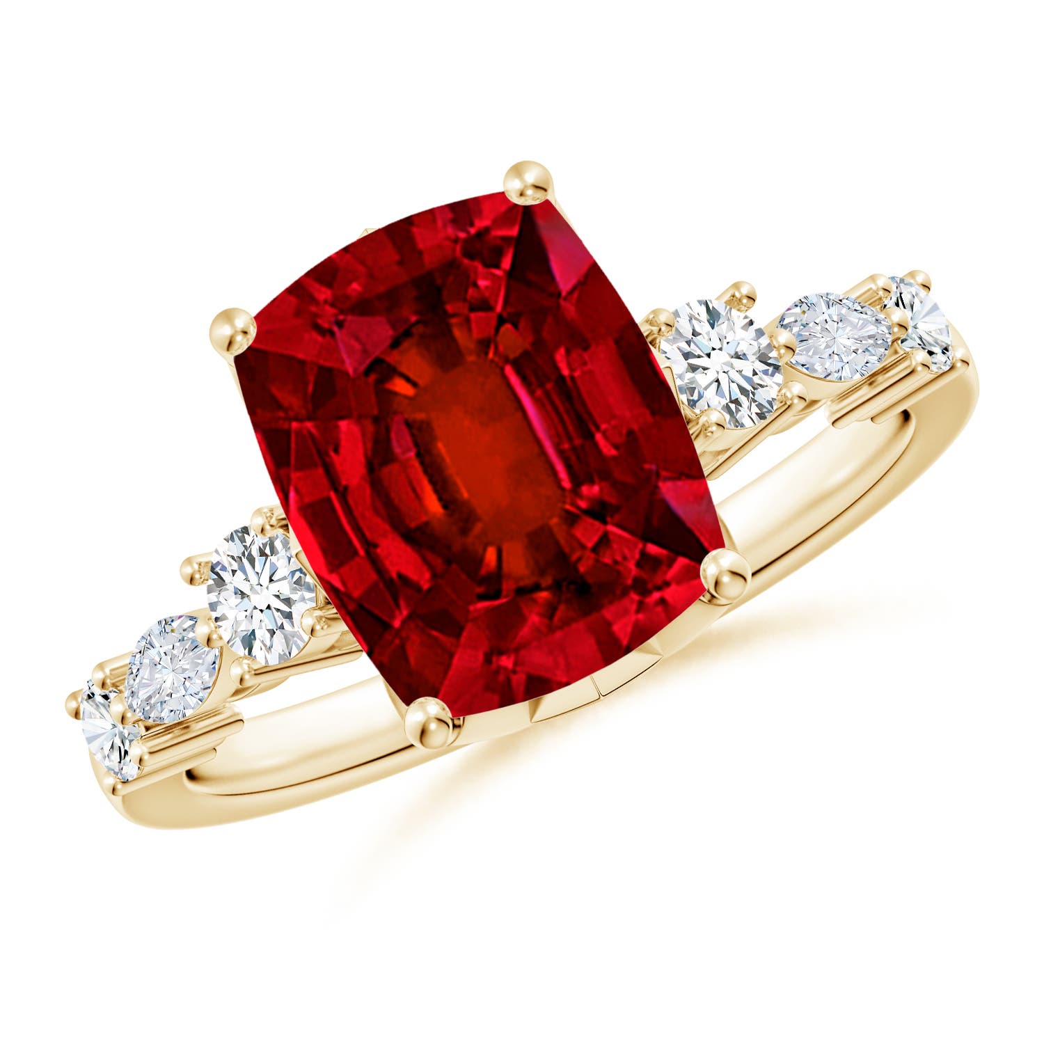 10x8mm Labgrown Lab-Grown Classic Cushion Rectangular Ruby Side Stone Engagement Ring in 18CT Yellow Gold