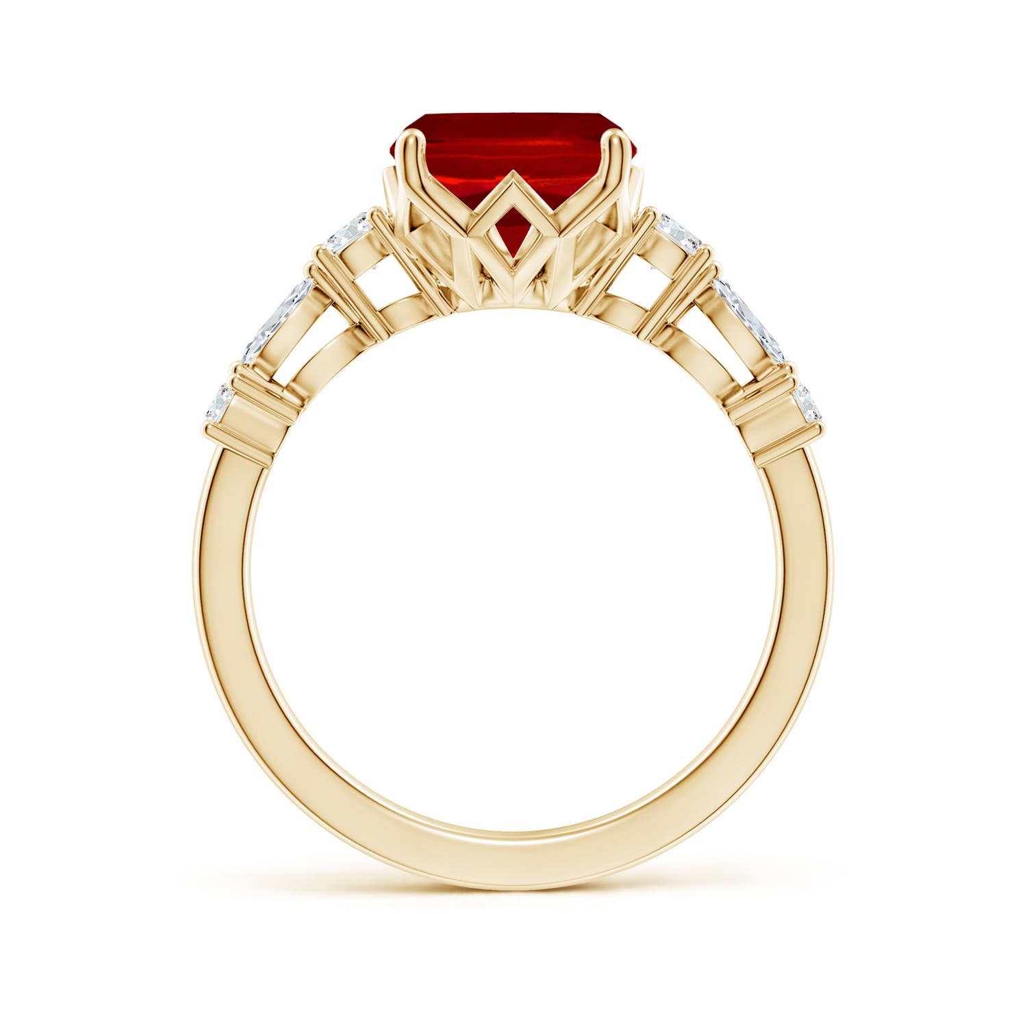 10x8mm Labgrown Lab-Grown Classic Cushion Rectangular Ruby Side Stone Engagement Ring in 18K Yellow Gold