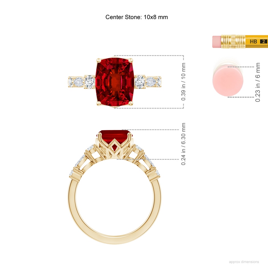 10x8mm Labgrown Lab-Grown Classic Cushion Rectangular Ruby Side Stone Engagement Ring in 18K Yellow Gold ruler
