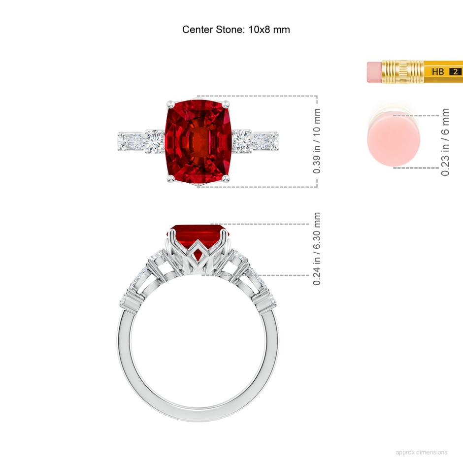 10x8mm Labgrown Lab-Grown Classic Cushion Rectangular Ruby Side Stone Engagement Ring in White Gold ruler