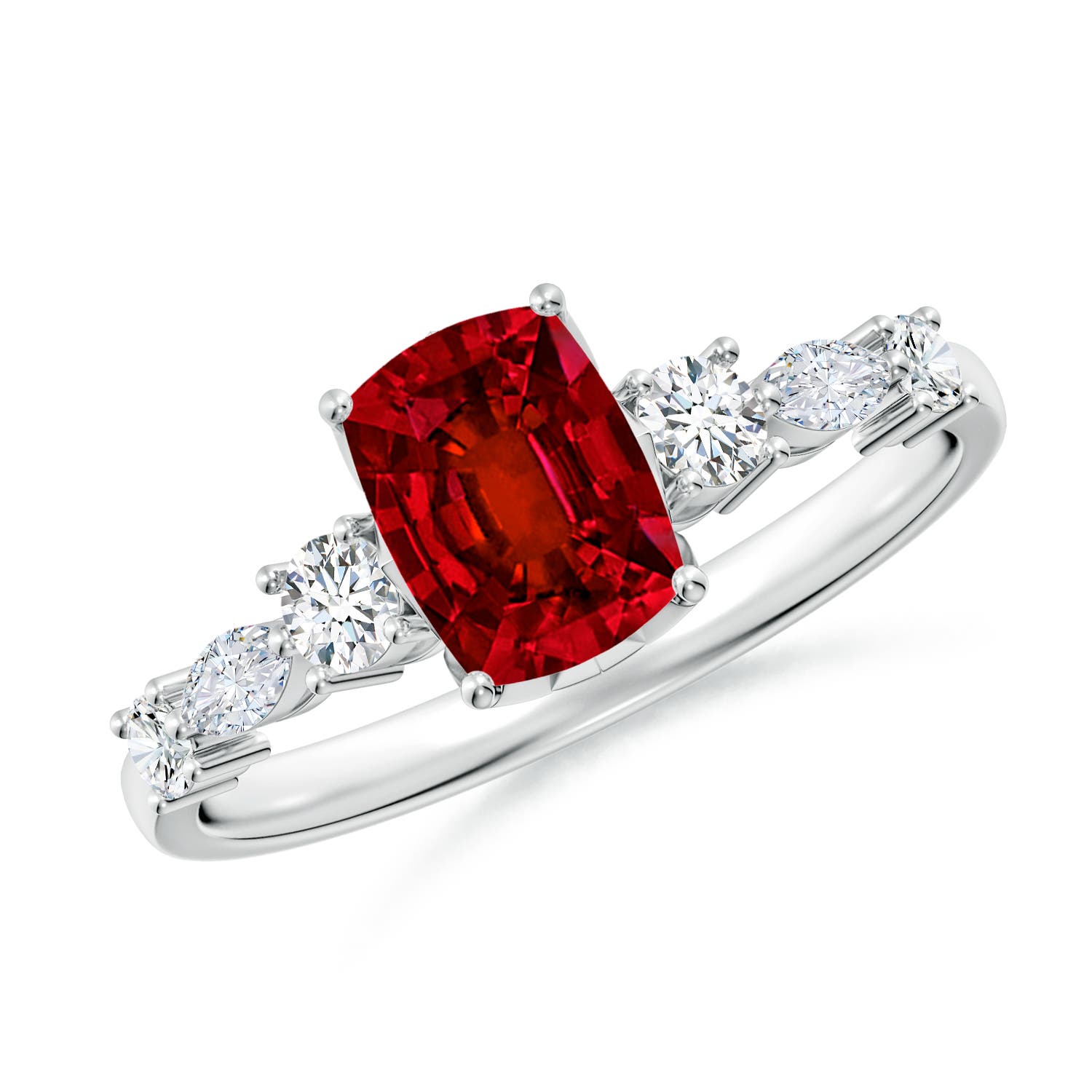 7x5mm Labgrown Lab-Grown Classic Cushion Rectangular Ruby Side Stone Engagement Ring in 18K White Gold
