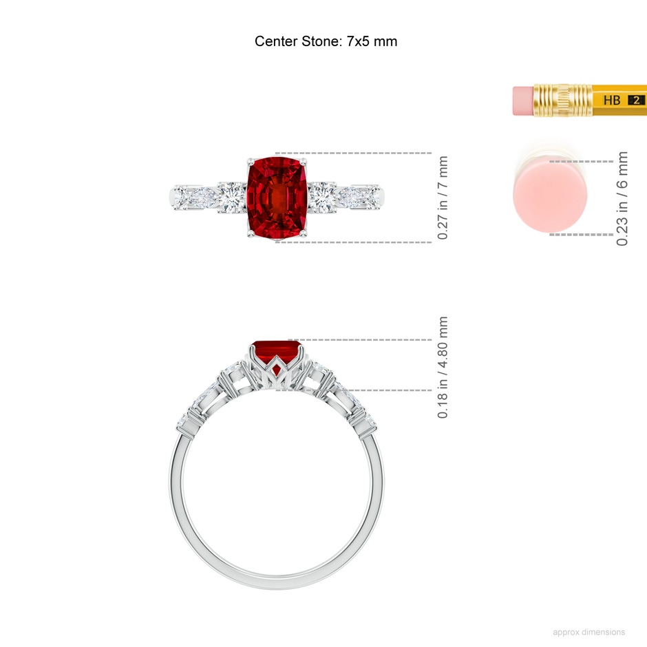 7x5mm Labgrown Lab-Grown Classic Cushion Rectangular Ruby Side Stone Engagement Ring in P950 Platinum ruler