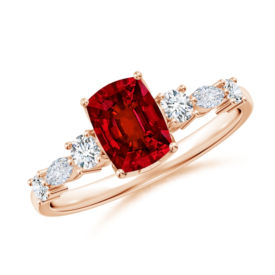 7x5mm Labgrown Lab-Grown Classic Cushion Rectangular Ruby Side Stone Engagement Ring in Rose Gold 