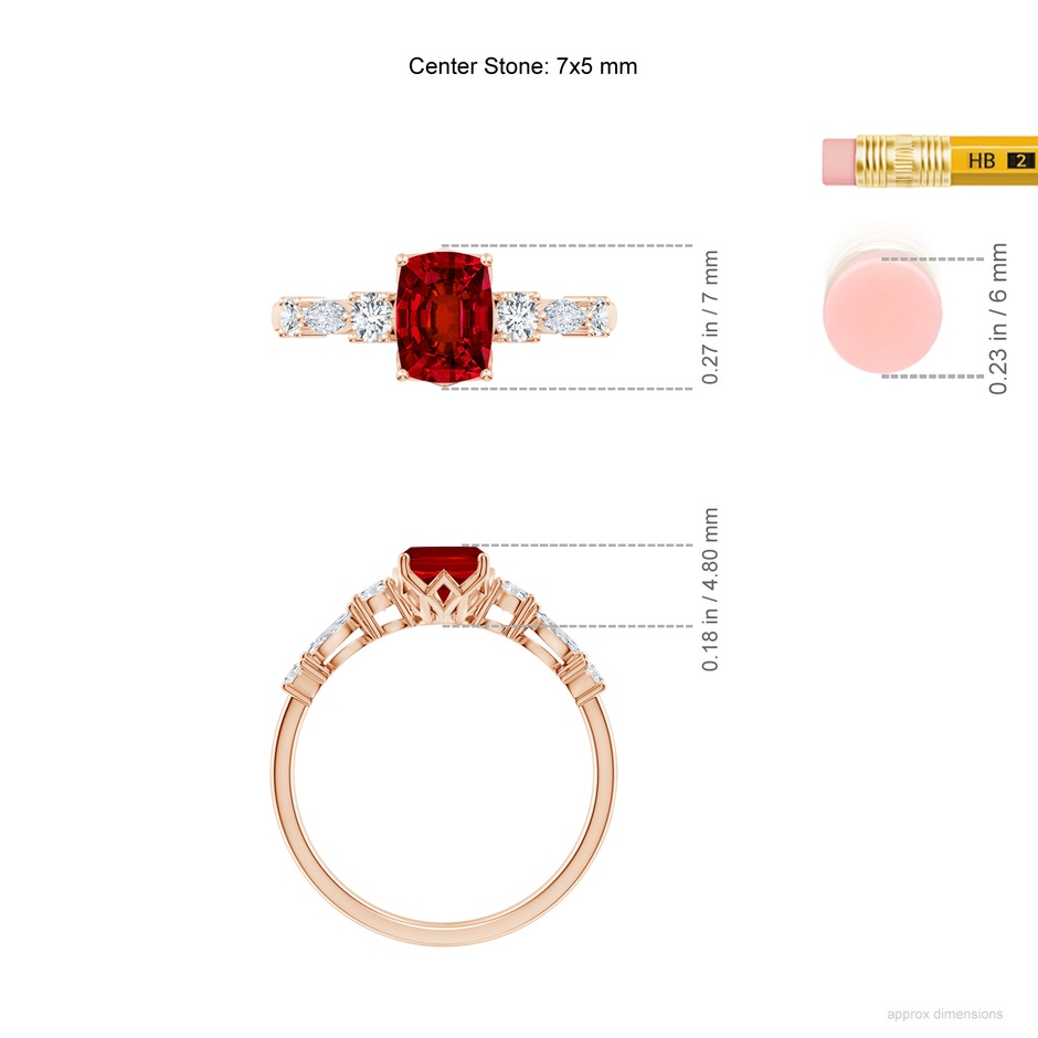 7x5mm Labgrown Lab-Grown Classic Cushion Rectangular Ruby Side Stone Engagement Ring in Rose Gold ruler