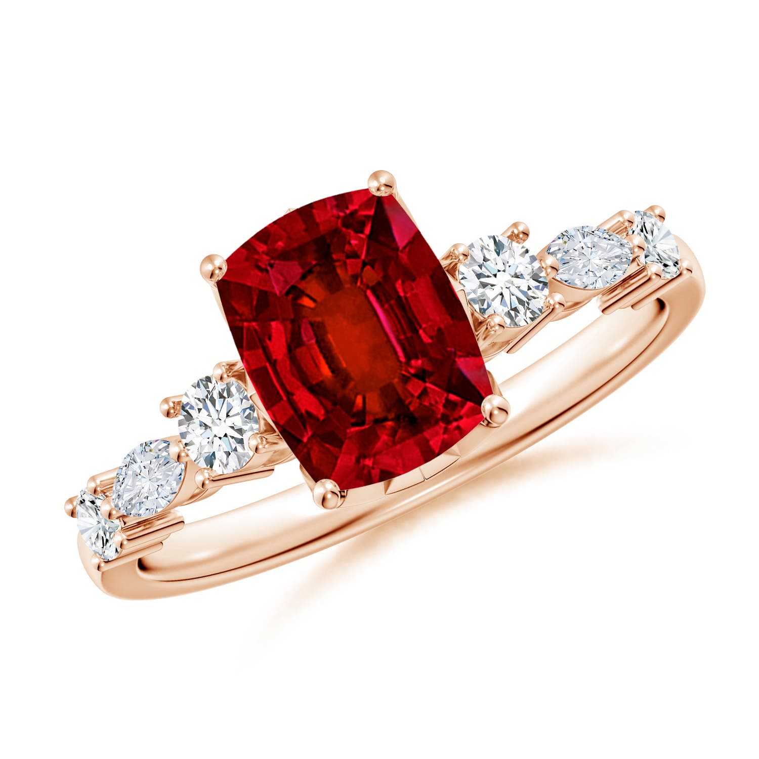 8x6mm Labgrown Lab-Grown Classic Cushion Rectangular Ruby Side Stone Engagement Ring in Rose Gold