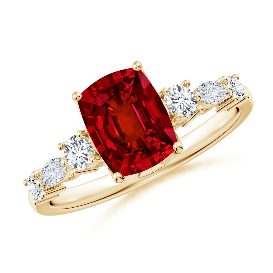 8x6mm Labgrown Lab-Grown Classic Cushion Rectangular Ruby Side Stone Engagement Ring in Yellow Gold 