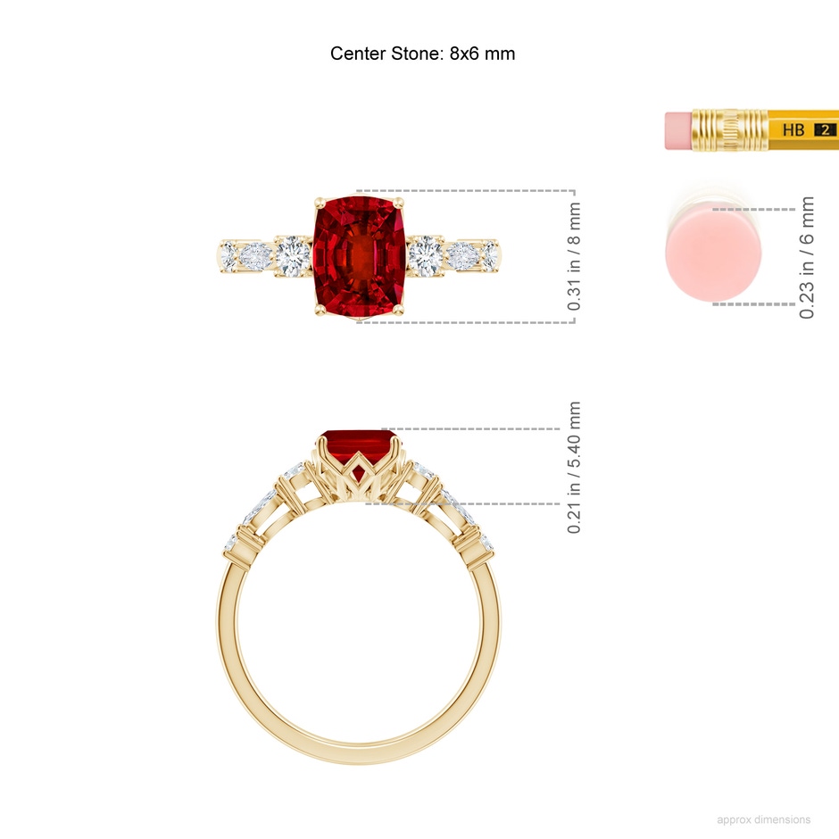 8x6mm Labgrown Lab-Grown Classic Cushion Rectangular Ruby Side Stone Engagement Ring in Yellow Gold ruler
