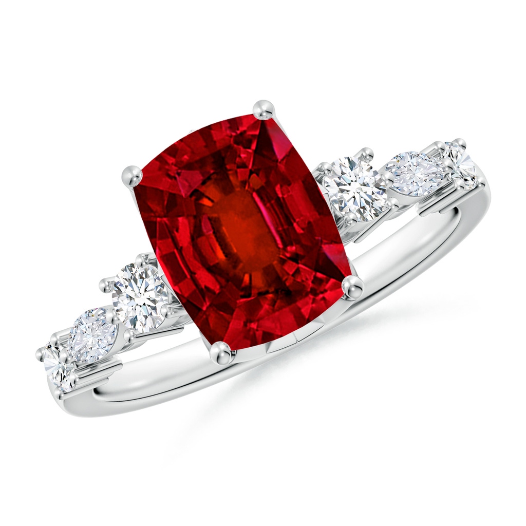 9x7mm Labgrown Lab-Grown Classic Cushion Rectangular Ruby Side Stone Engagement Ring in 18K White Gold