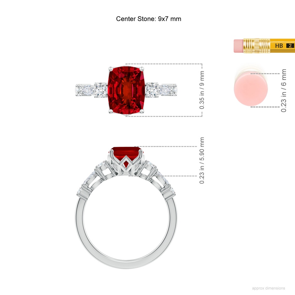 9x7mm Labgrown Lab-Grown Classic Cushion Rectangular Ruby Side Stone Engagement Ring in 18K White Gold ruler