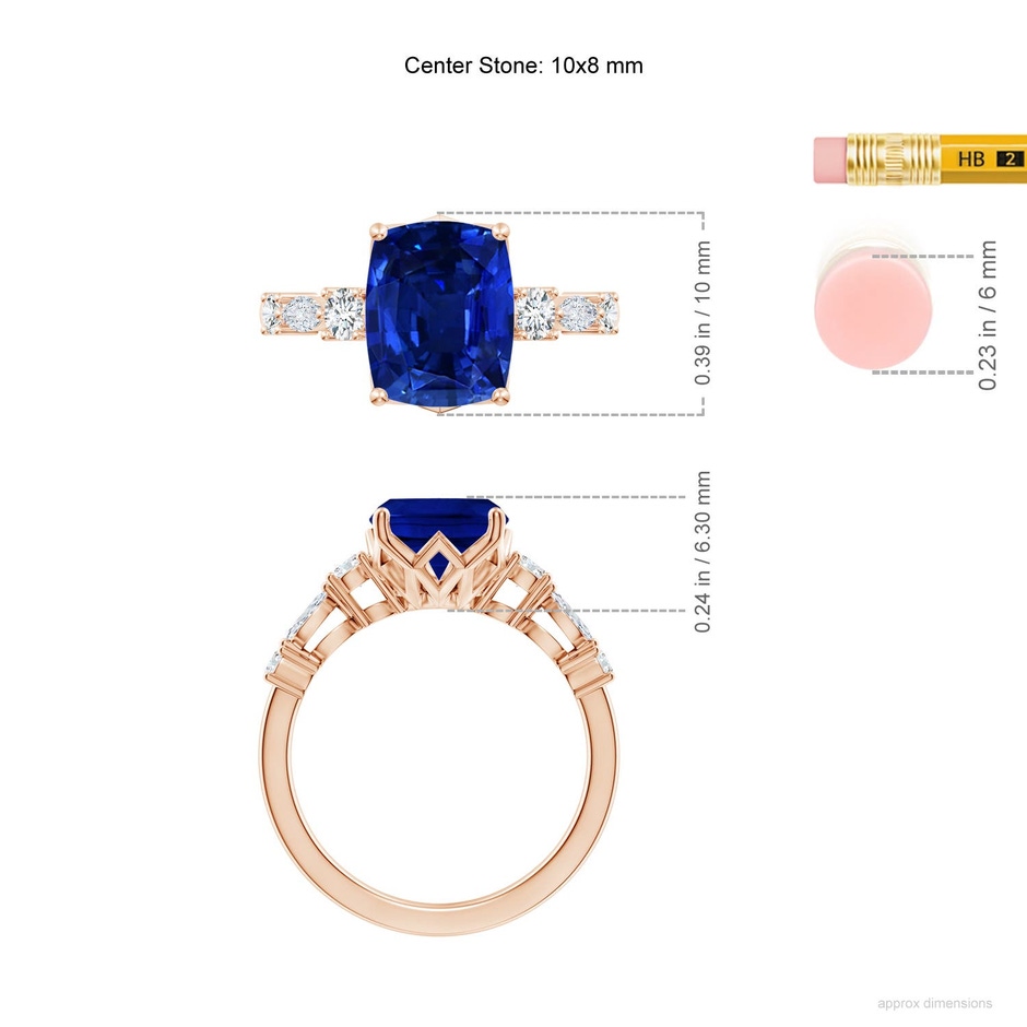 10x8mm Labgrown Lab-Grown Classic Cushion Rectangular Blue Sapphire Side Stone Engagement Ring in 18K Rose Gold ruler