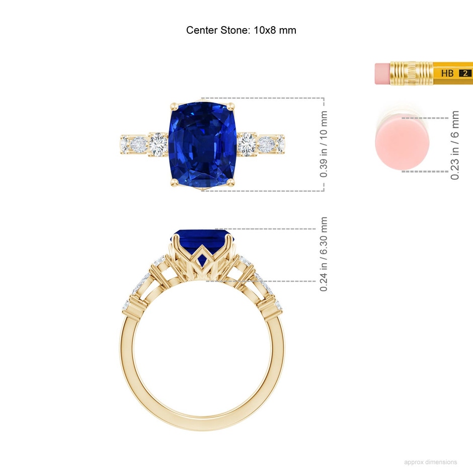 10x8mm Labgrown Lab-Grown Classic Cushion Rectangular Blue Sapphire Side Stone Engagement Ring in 18K Yellow Gold ruler