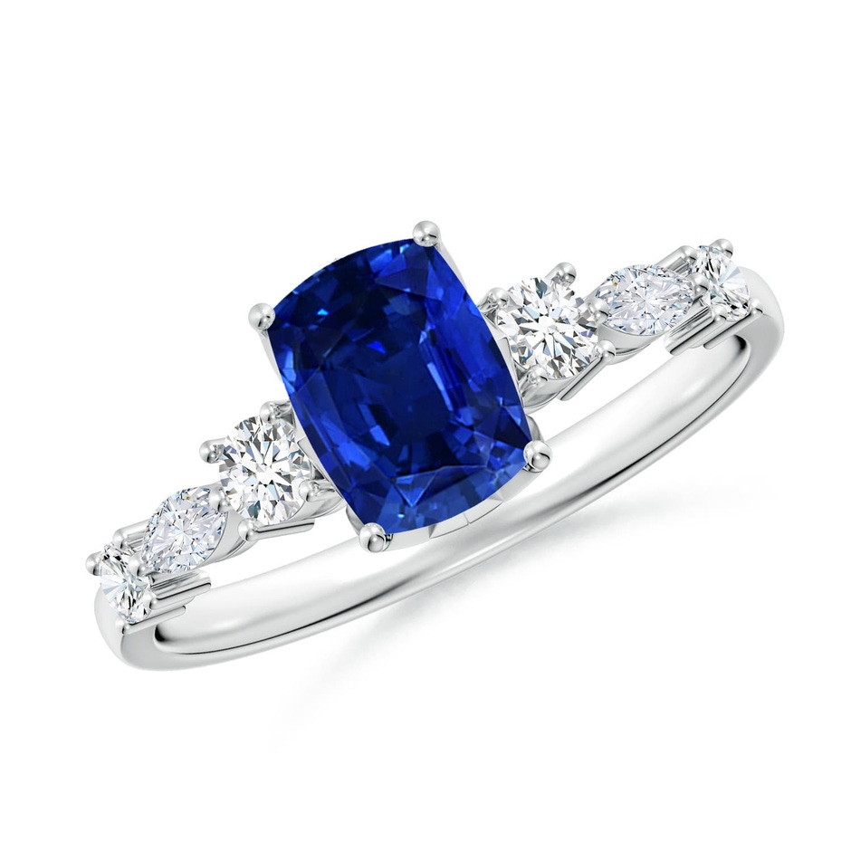7x5mm Labgrown Lab-Grown Classic Cushion Rectangular Blue Sapphire Side Stone Engagement Ring in White Gold 